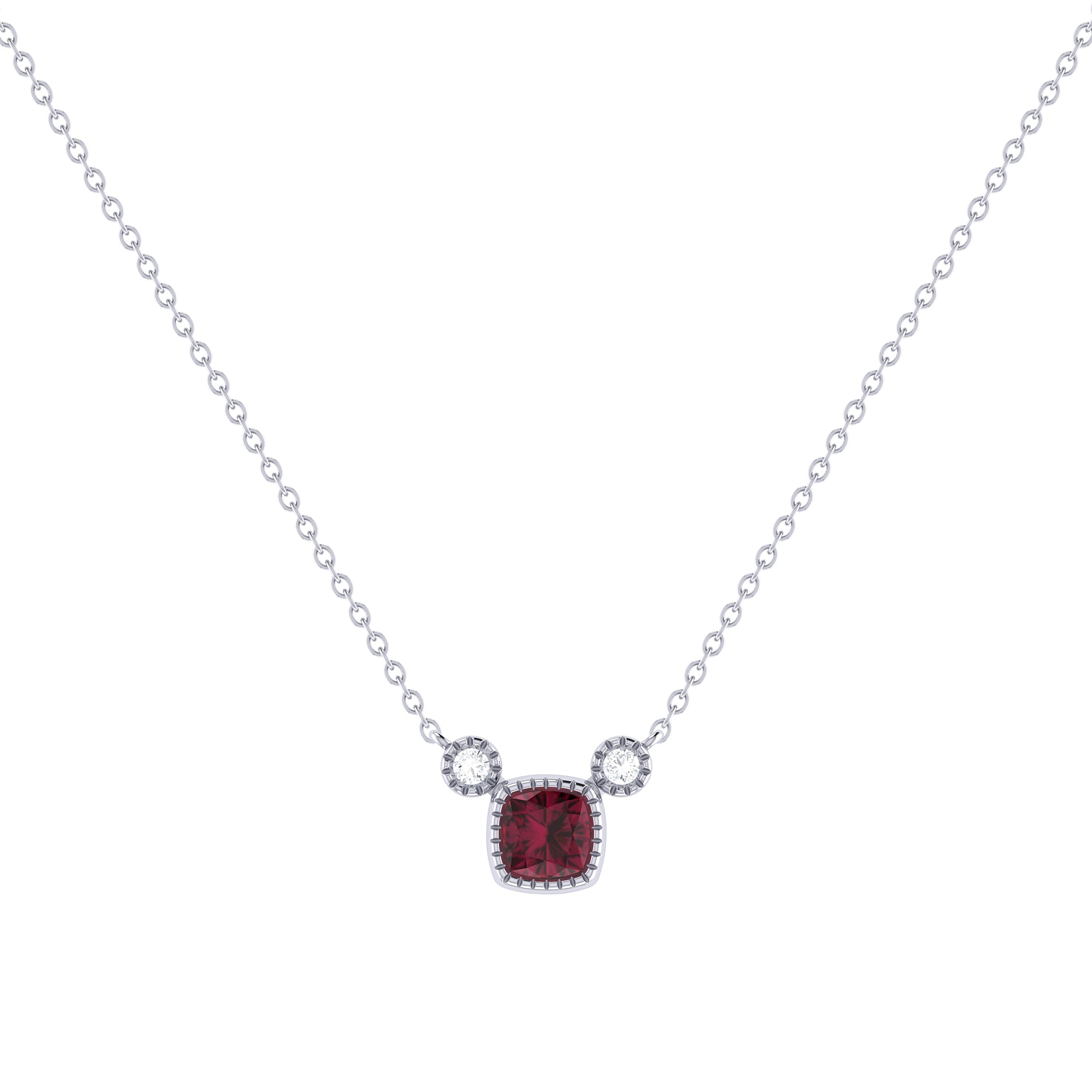 Cushion Cut Ruby & Diamond Birthstone Necklace In 14K White Gold