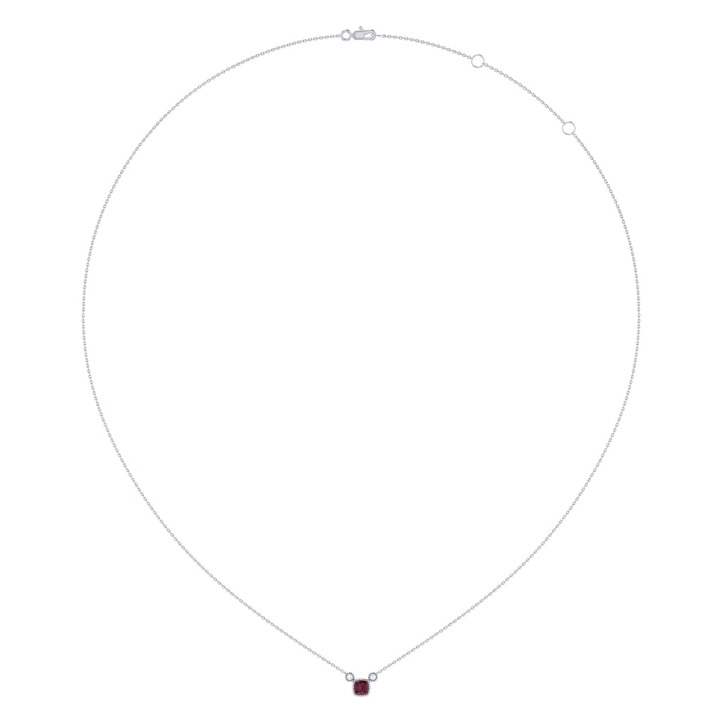 Cushion Cut Ruby & Diamond Birthstone Necklace In 14K White Gold